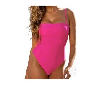 Relleciga Womens Neon Pink One Piece Bandeau Swimsuit High Cut Size Med Sexy